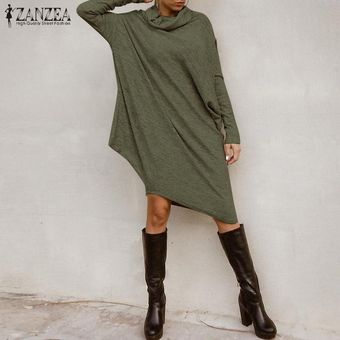 ZANZEA Mujeres largo manga del Batwing Mini vestido informal de gran tamaño larga camisa de vestir ejercito verde 