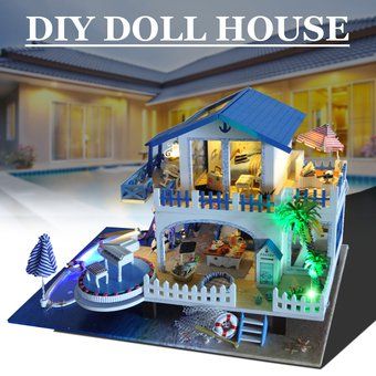 DIY muebles de casa muñecas madera en miniatura 7 LED azul c 