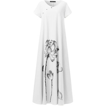 Blanco ZANZEA mujeres ocasional del verano de manga corta de algodón de cuello O floral de lino larga impresa Camisa de vestir 