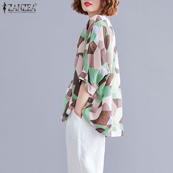 Verde ZANZEA verano de las mujeres de la vendimia de la blusa de la manga 34 O cuello de la camiseta Tops geométricas 