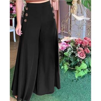Pantalones anchos de cintura alta elásticos botones negros para mujer | Linio - GE063FA0AECC5LCO
