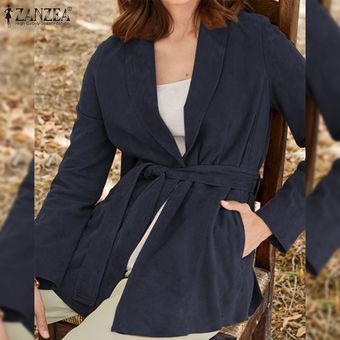Casual ZANZEA para mujer otoño flojo chaquetas de la capa de manga larga de color sólido del cordón de los abrigos Azul marino 