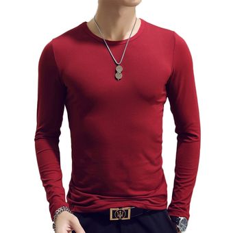 Camiseta De Hombre Camiseta De Manga Larga Color Sólido Con Cuello Redondo 