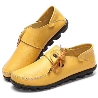 Tamaño de la manera US 5-12 mujeres atan para arriba los zapatos de piel suave cómodo zapatos de los planos de los holgazanes de barcos Amarillo 
