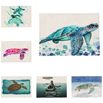 Mantel Individual de tortuga marina de cuero mesa geométrica servilleta para niños posavasos de tela de poliéster y lino 
