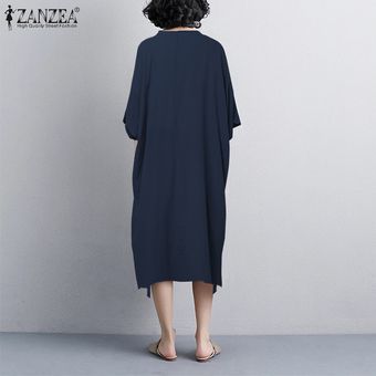 ZANZEA mujer media manga de algodón holgado vestido plisado Midi botón casual Vestidos de festivo Negro 