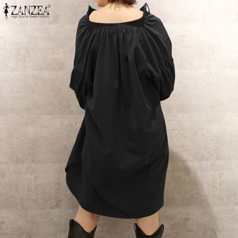 Negro ZANZEA estilo coreano de manga larga para mujer de la túnica Vestido de tirantes altas-bajas de los vestidos de camisa holgada sólidas 
