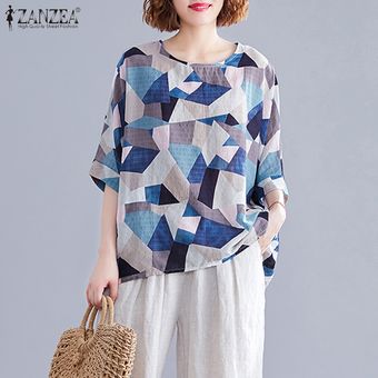 Verde ZANZEA verano de las mujeres de la vendimia de la blusa de la manga 34 O cuello de la camiseta Tops geométricas 