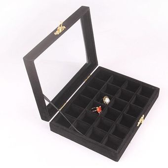 Material de madera Caja de joyería de terciopelo de hielo Caja de exhibición de anillo colgante con tapa de vidrio Caja de almacenamiento de joyas 