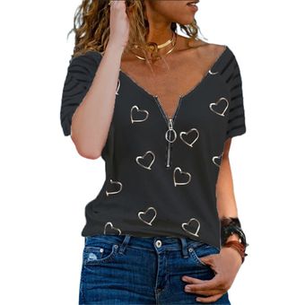 Camiseta para mujer de verano Corazón a rayas Impreso de manga corta con cremallera en V 
