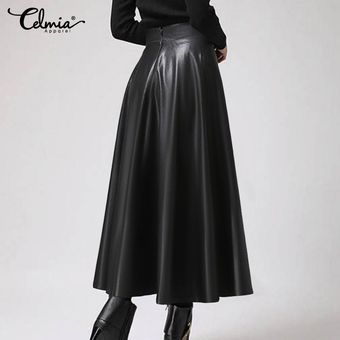 Celmia-faldas de cuero sintético para mujer faldas largas de cintur 