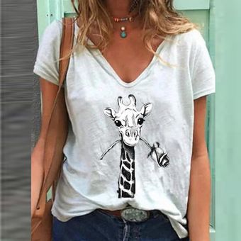 Camiseta con estampado de mariposa y cuello en V de ciervo para mujer,camiseta de verano de manga corta,Tops a la moda,Jersey informal de talla grande,Blusa de calle #Deer Green 