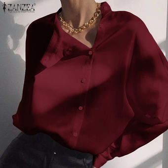 ZANZEA la venta de separación Mujeres camiseta del collar del soporte de gran tamaño Tops Plain botones de la blusa de Down Plus Rojo 