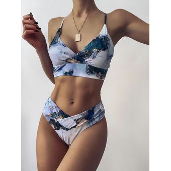 Bikini Bandeau deportivo con estampado para mujer  traje de baño de dos piezas con estampado de má 