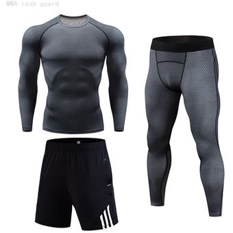 hombres de Tight 3 unidset de ropa deportiva camiseta de artes marciales mixtas gimnasio polainas deportes pantalones cortos de chándal de los hombres jogging deporte #Black gray 