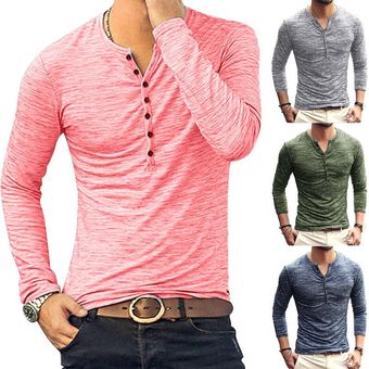 camisetas Henley lisa de manga larga para hombre,moda informal,Camiseta ajustada con botones para hombre,ropa de calle 3XL #A3 
