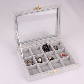 Material Madera hielo terciopelo caja de joyería collar colgante anillo de pantalla caja con tapa de cristal de la joyería caja de almacenamiento gris-plata 