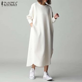 Manga mujeres ZANZEA completa Jumper Suéter holgado vestido largo vestido de suéter Plus Blanco 