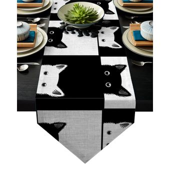 Geométricas negras blancas tartán gato camino de mesa bandera decora 