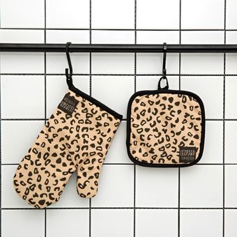 1 Set guantes de cocina aislamiento patrón de leopardo de cocina guantes para microondas para hornear horno de barbacoa delantal guantes tomaollas Pad 