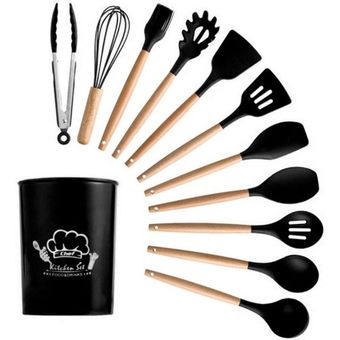 GENERICO Juego Utensilios de cocina silicona con madera 10 pcs Negro