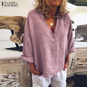 ZANZEA Botón para mujer Cuello en V Manga larga Blusas lisas lisas Blusa Camiseta informal Camisa | Linio México -