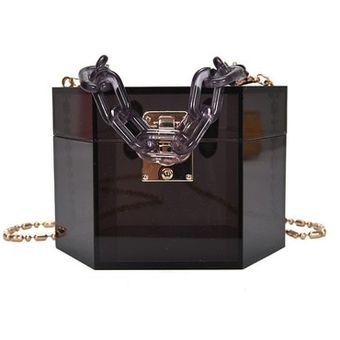 #14x11x10cm hexagonal Individual bolsa de gelatina Bolso transparente de PVC con cadena acrílica para mujer Mini bolso cruzado de diseñador para noche 