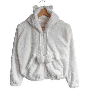 Buzo Saco Para Mujer Con Capota Invierno Peludo Cremallera Invierno Blanco