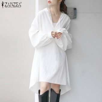 Blanco ZANZEA estilo coreano de manga larga para mujer de la túnica Vestido de tirantes altas-bajas de los vestidos de camisa holgada sólidas 