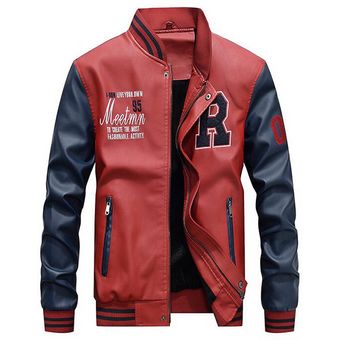 Jacket Men Embroidery Baseball Jackets Pu Leather Coats Slim Fit College Luxury Fleece Pilot Leather Jackets casaco masculino-Red-M 