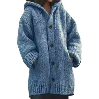 Invierno Cárdigan suéter de punto con capucha gruesa para mujer,abrigo cálido casual Azul 