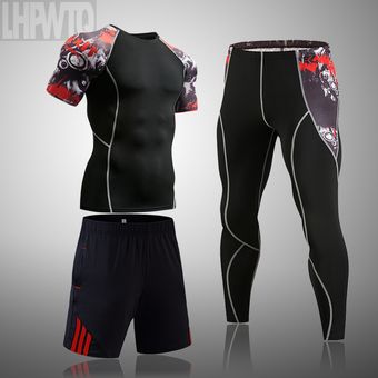Conjunto de para hombre traje deportivo chándal mallas para correr camisas de manga corta entrenamiento kit rashgard, Fitness 