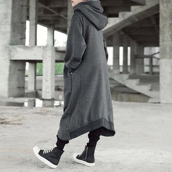 ZANZEA Moda completo de la manga larga encapuchada de la chaqueta de la cremallera Bolsillos dobladillo irregular de la capa Fleece sólido caliente invierno de las mujeres a prueba de viento básico Outwear Gris oscuro 