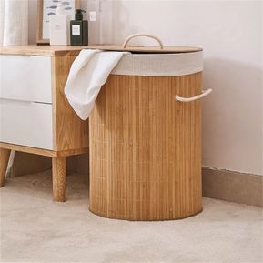 Cesto de bambú para ropa sucia con compartimentos duales de madera de bambú  organizador de ropa para baño, beige