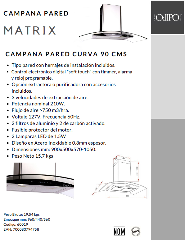 Campana Matrix 90cms Cristal Curvo Tipo Pared Control Digital
