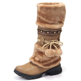 Manera de las mujeres de gran tamaño de deslizamiento Rhinestone En media pantorrilla caliente Knight invierno Altas botas color de barro 