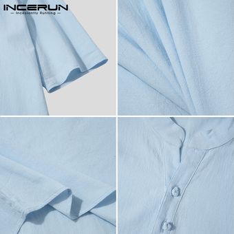 Azul claro INCERUN hombres ocio Retro estilo chino puro algodón Color sólido cómodo cuello alto Casual verano camiseta 