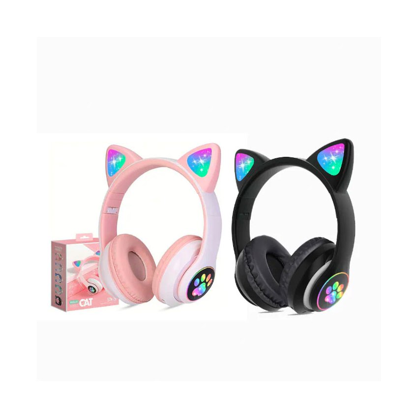 Audífonos Bluetooth De Orejas De Gato Para Niños en Rosa y Negro