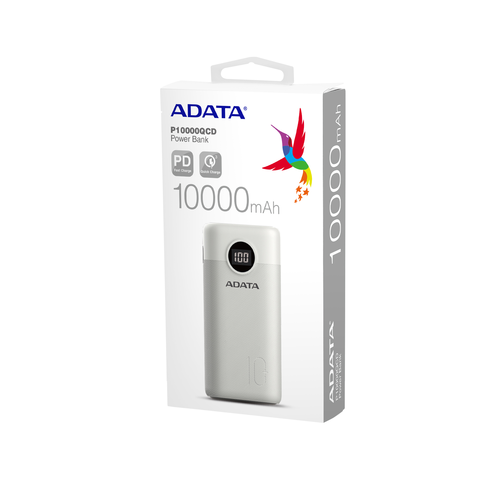 ADATA Powerbank Digital Batería Portátil P1000QCD, 10,000 mAh, Carga Rápida, Color Blanco