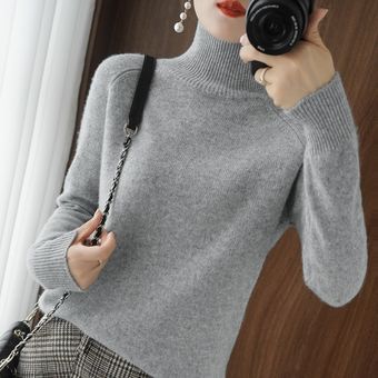 Suéter de cachemira de cuello alto para mujer sueltos jerseys gruesos de manga larga #light gray Invierno 