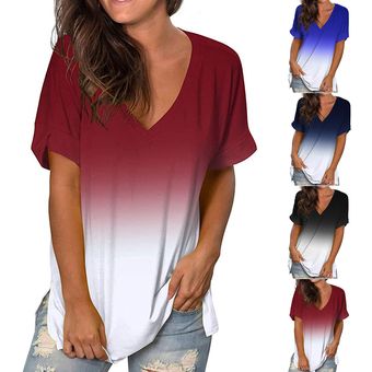 Camiseta de manga corta suelta holgada Blusa con cuello en V degradado para mujer 