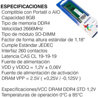 Memoria Ram DDR4 8GB 2666Mhz Adata Portatil o AIO