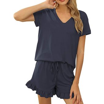 Pantalones cortos de la manga ropa de dormir pijamas Set corto para mujeres de color sólido camiseta 