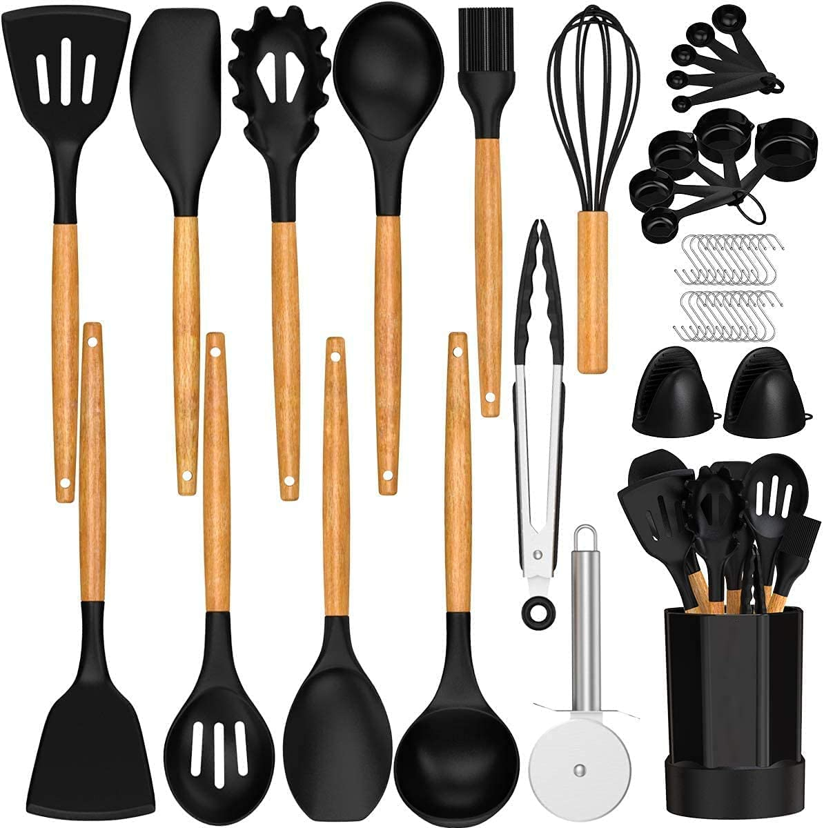 Utensilios de cocina U Chef integral de espátulas, cucharones, pinzas y medidores de madera - Negro