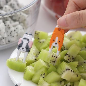tenedor de fruta para postre tenedor de plástico de dos dientes juego de tenedor de fruta de perro gato dibujo decoración de fiesta 25 # Tenedor de fruta original para niños 