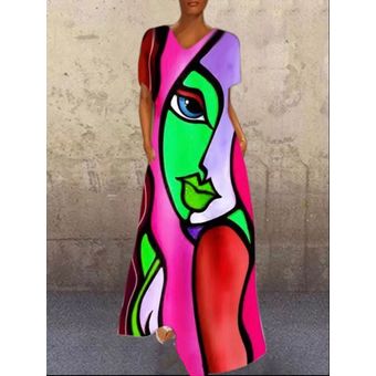#Face Green Europeo abstracto vestido Oversize de las mujeres casuales dibujo de cara impresión Patchwork verano cuello V Vintage largo Maxi vestido Vestidos 