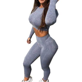 Conjunto de Yoga sin costuras para mujer Top corto deportivo de 2 piezas c 