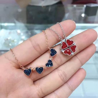 Trébol de cuatro hojas collar de las niñas y la mujer doble cara collar de la clavícula Platinum Azul Rojo 43cm Trébol de cuatro hojas collar de las niñas y la mujer doble cara collar de la clavícula Platinum Azul Rojo 43cm