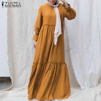 Amarillo ZANZEA Mujeres Musulmanas Kaftan colmenas de cuello redondo sólido cuerpo entero Maxi Camisa de vestir 