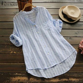Manga larga de las mujeres ZANZEA camisas rayadas de floja ocasional irregular del dobladillo de la blusa superior del tamaño extra grande Azul 
